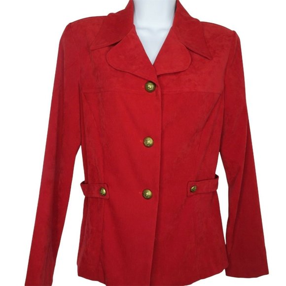 Vintage 80s Red Faux Suede Jacket Blazer M Button Waist Shoulder Pads USA Made - Picture 1 of 9